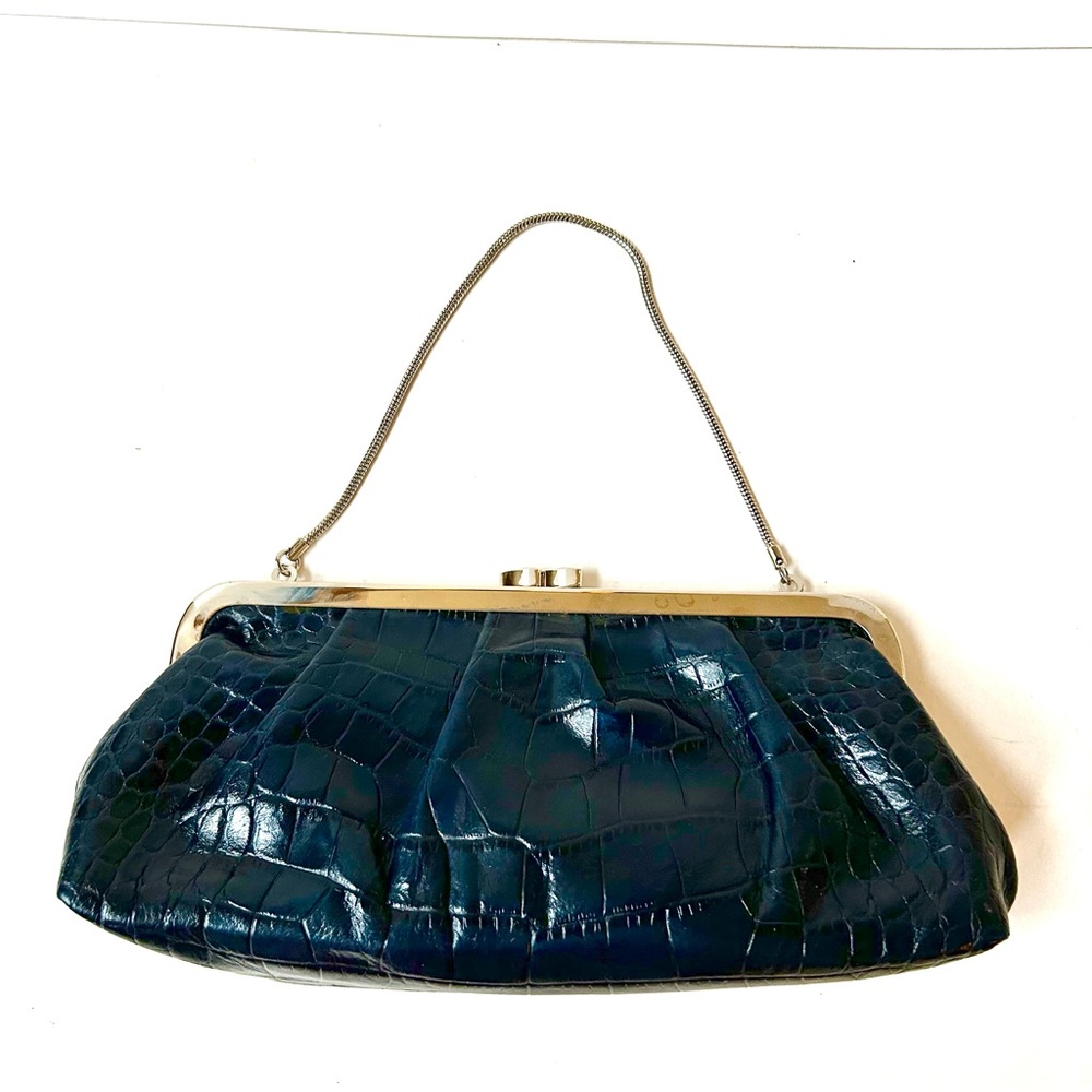 Ann Taylor Elegant Deep Blue Leather Crocodile-Embossed Clutch Gently Used